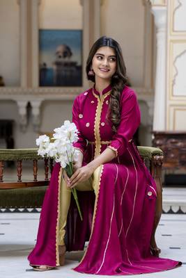women rayon embroidered printed anarkali kurta in maroon 4