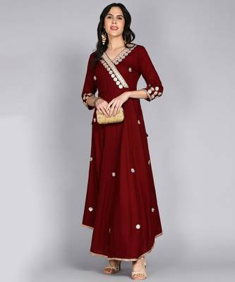 Ftdiva women rayon embroidered printed anarkali kurta in maroon 1
