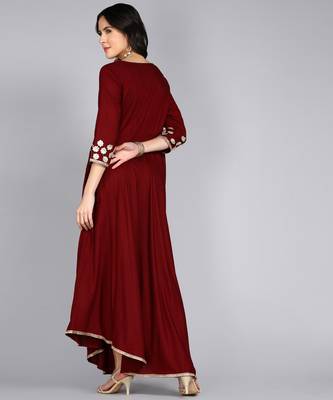 Ftdiva women rayon embroidered printed anarkali kurta in maroon 2
