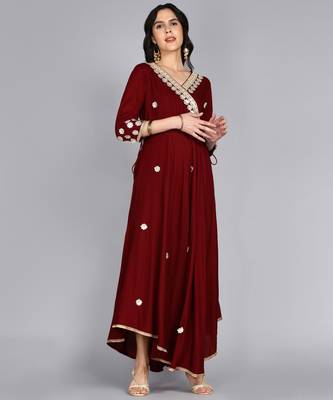 Ftdiva women rayon embroidered printed anarkali kurta in maroon 3