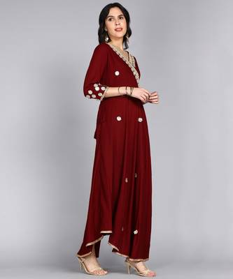 Ftdiva women rayon embroidered printed anarkali kurta in maroon 4