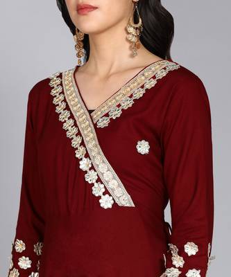 Ftdiva women rayon embroidered printed anarkali kurta in maroon 5