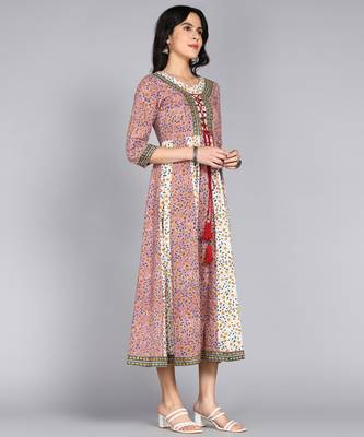Ftdiva women cotton floral print anarkali kurta in pink 3