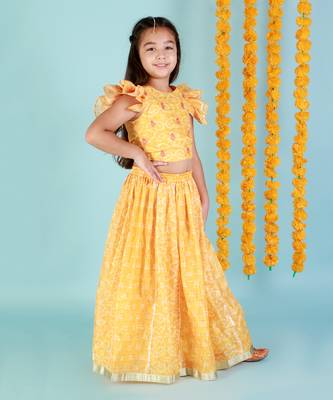 Yellow printed ghaghra choli set 2