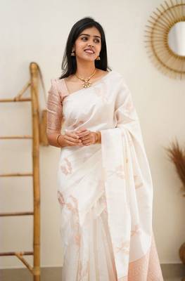 Classic White Kanjivaram Soft Silk Wedding Festive Wear Saree For Woman. 1