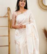 Classic White Kanjivaram Soft Silk Wedding Festive Wear Saree For Woman.