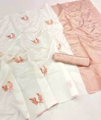 Classic White Kanjivaram Soft Silk Wedding Festive Wear Saree For Woman. 6