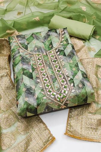 Light Green Organza Banarasi Hand Work Dress Material With Inner