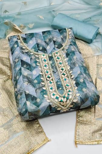 Sky Blue Organza Banarasi Hand Work Dress Material With Inner