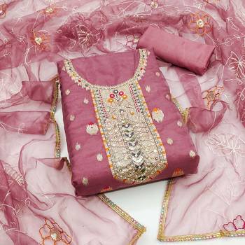 Onion Pink Organza Banarasi Hand Work Dress Material With Inner 1