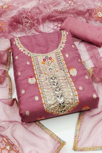 Onion Pink Organza Banarasi Hand Work Dress Material With Inner