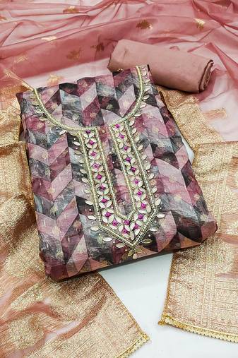 Onion Pink Organza Banarasi Hand Work Dress Material With Inner