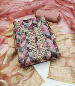 Onion Pink Organza Banarasi Hand Work Dress Material With Inner