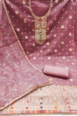Onion Pink Organza Banarasi Hand Work Dress Material With Inner 2