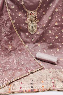 Rose Brown Organza Banarasi Hand Work Dress Material With Inner 2