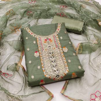 Sage Green Organza Banarasi Hand Work Dress Material With Inner 1
