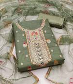Sage Green Organza Banarasi Hand Work Dress Material With Inner