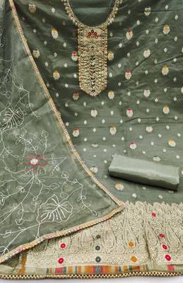 Sage Green Organza Banarasi Hand Work Dress Material With Inner 2