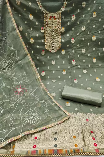 Sage Green Organza Banarasi Hand Work Dress Material With Inner