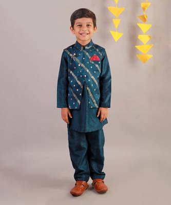 Teal blue printed kurta jacket set 1