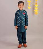 Teal blue printed kurta jacket set