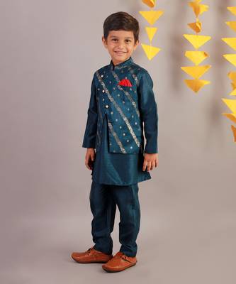 Teal blue printed kurta jacket set 2