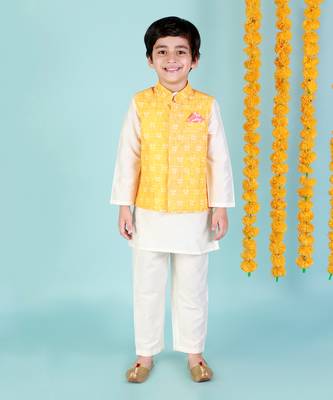 Yellow printed nehru jacket and white kurta pyjama set 1