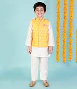 Yellow printed nehru jacket and white kurta pyjama set
