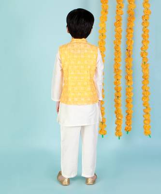 Yellow printed nehru jacket and white kurta pyjama set 3