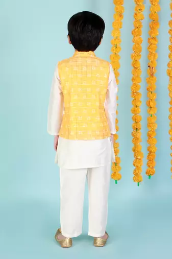 Yellow printed nehru jacket and white kurta pyjama set
