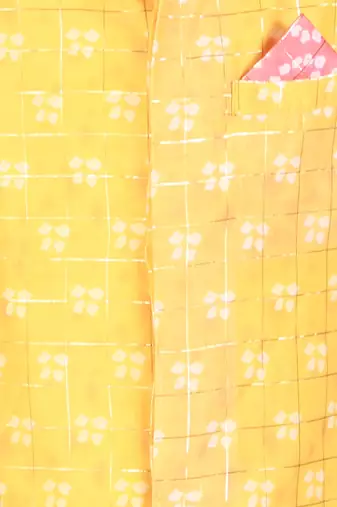 Yellow printed nehru jacket and white kurta pyjama set