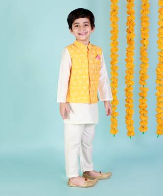 Yellow printed nehru jacket and white kurta pyjama set 5