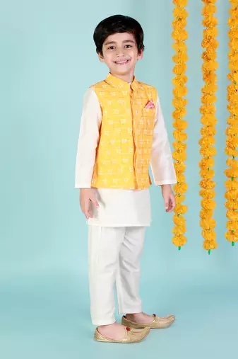Yellow printed nehru jacket and white kurta pyjama set