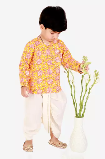 Orange printed kurta dhoti set