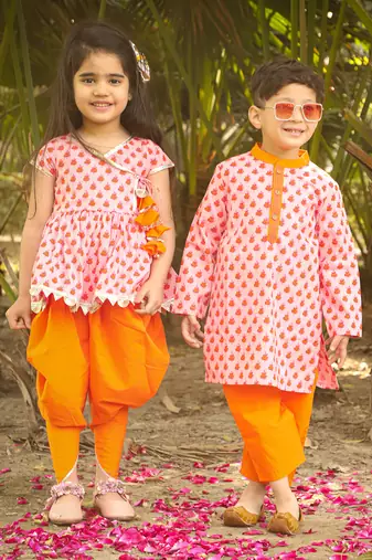 Orange printed kurta pyjama set