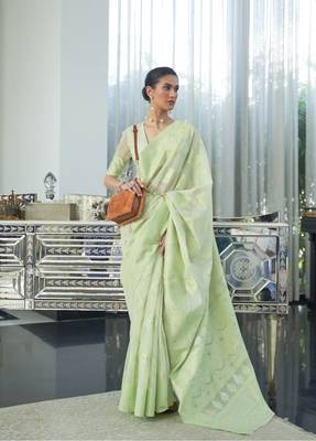 Green Cotton Linen Chikankari Saree With Blouse For Women 4