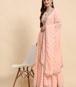Peach Sequience Embroidery Work Georgette Fabric Flared Lehenga Choli With Dupatta.