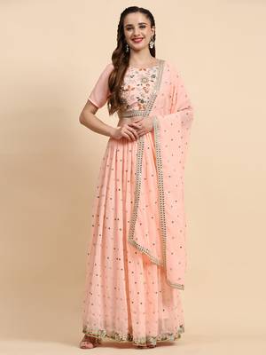 Peach Sequience Embroidery Work Georgette Fabric Flared Lehenga Choli With Dupatta. 2