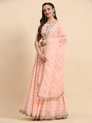 Peach Sequience Embroidery Work Georgette Fabric Flared Lehenga Choli With Dupatta. 3