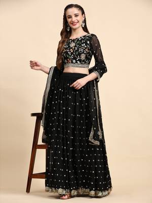 Black Sequience Embroidery Work Georgette Fabric Flared Lehenga Choli With Dupatta. 1