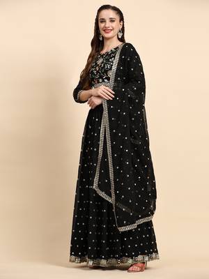 Black Sequience Embroidery Work Georgette Fabric Flared Lehenga Choli With Dupatta. 3