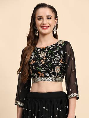 Black Sequience Embroidery Work Georgette Fabric Flared Lehenga Choli With Dupatta. 4