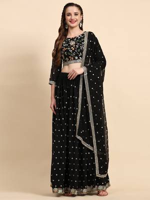 Black Sequience Embroidery Work Georgette Fabric Flared Lehenga Choli With Dupatta. 5