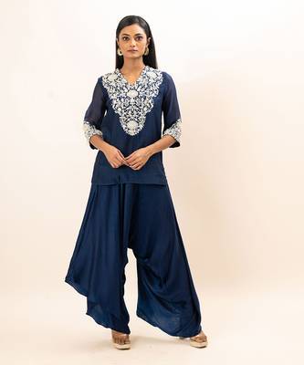 Navy blue drape pants set 1