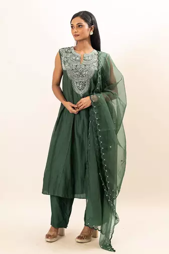 Sap green embroidered kurta set