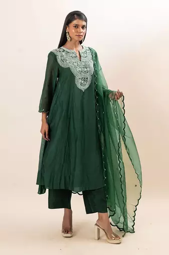 Sap green embroidered kurta set