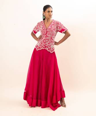 Fuchsia pink embroidered sharara set 1