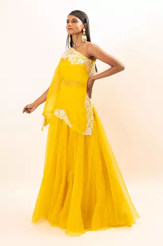 Yellow Hand Embroidered  Lehenga Set