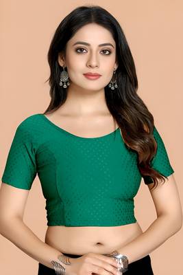 Bottel Green Cotton Lycra Fully Stretchable Round Neck Readymade Blouse With Half Sleeve 1