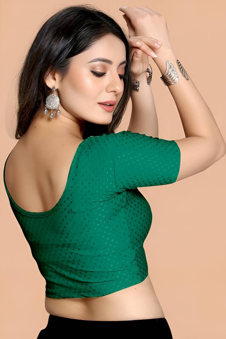 Bottel Green Cotton Lycra Fully Stretchable Round Neck Readymade Blouse With Half Sleeve